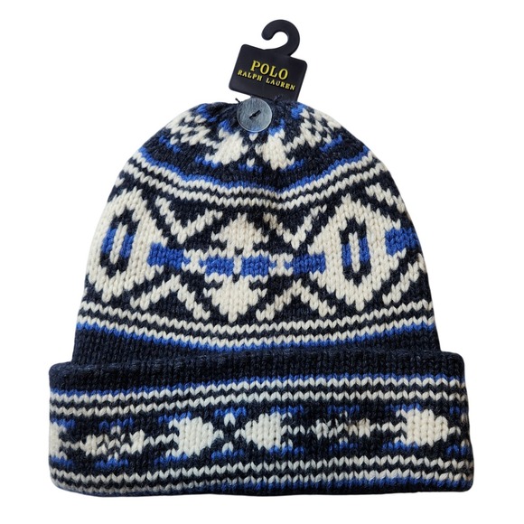 NWT Polo Ralph Lauren Blue Fair Isle Beanie Unisex Winter Hat Rare One Size